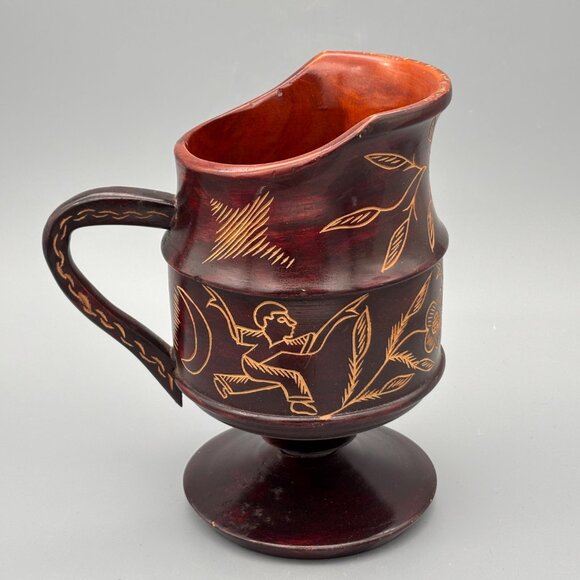 Vintage Hand-Carved Wooden Pitcher with Etched Floral Design on Pedestal Base - Picture 5 of 8